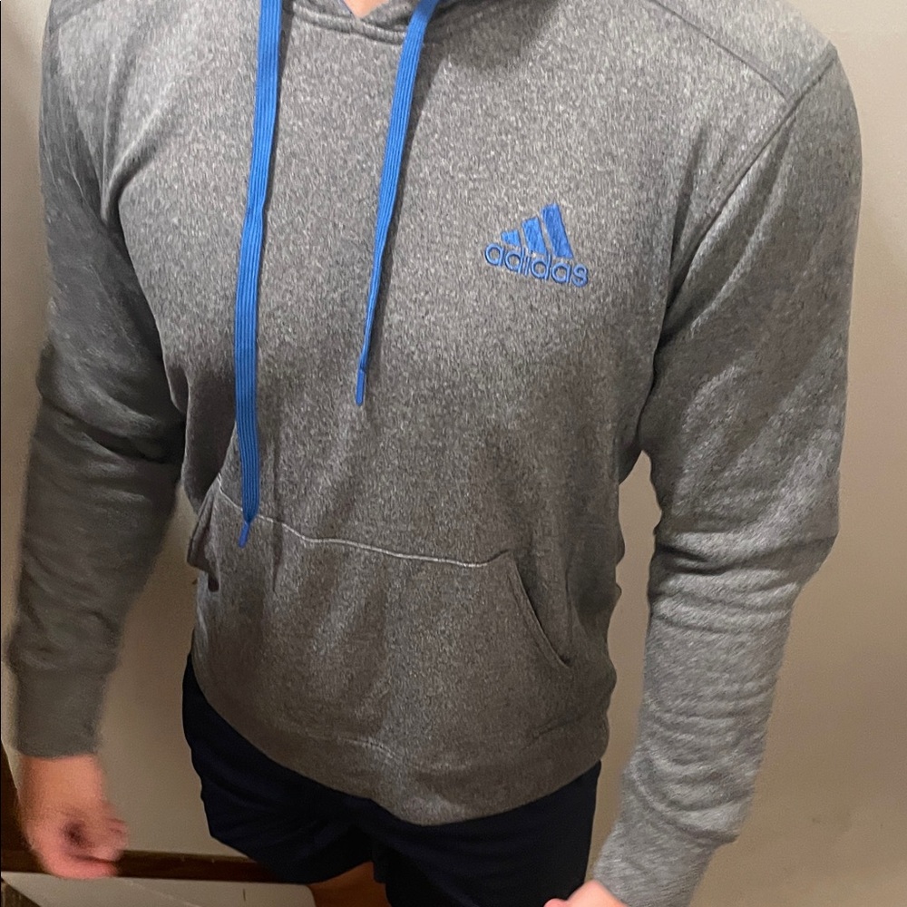 Adidas Men's Heather Gray Hoodie with Blue Logo